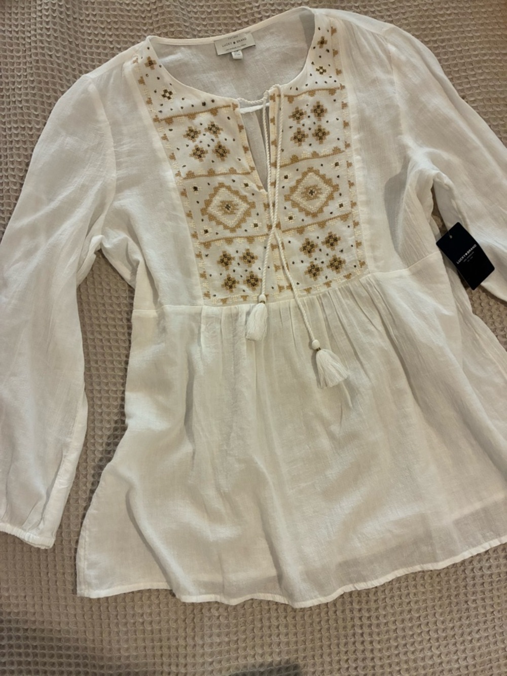 NWT Lucky Brand White Cotton Gauze Embroidered Blouse Top, Small